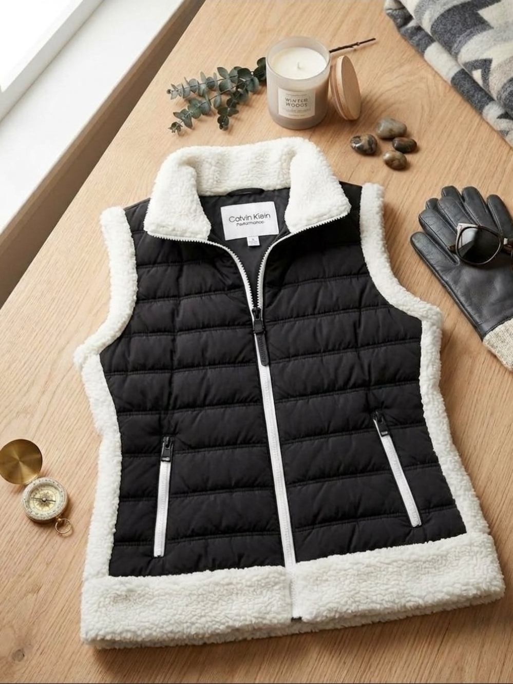 Calvin Klein Black Vest with Cream Sherpa Trim. Womens Large
